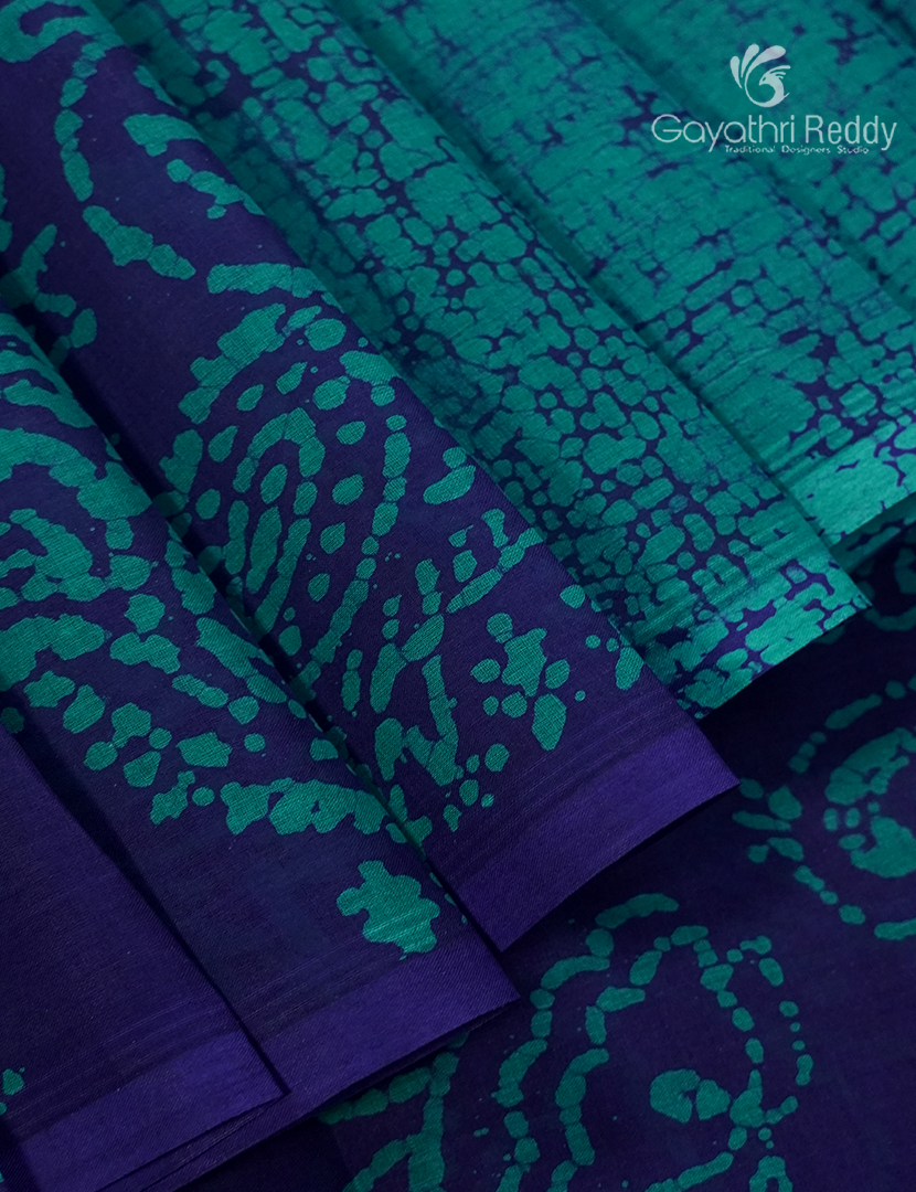Cotton Batik Print Saree in Navy blue and Sea Blue