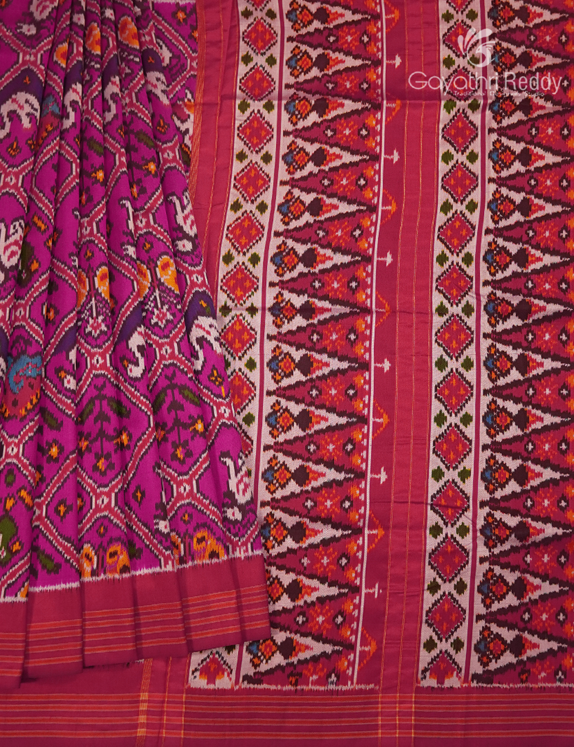 Pure Ikat Silk Saree in Purple and Rani Pink