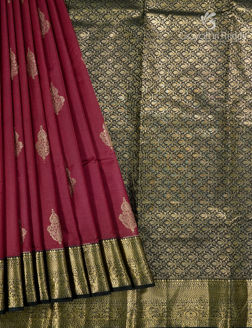 Semi Kanchipuram Silk Saree in Deep Maroon and Deep Bottle Green