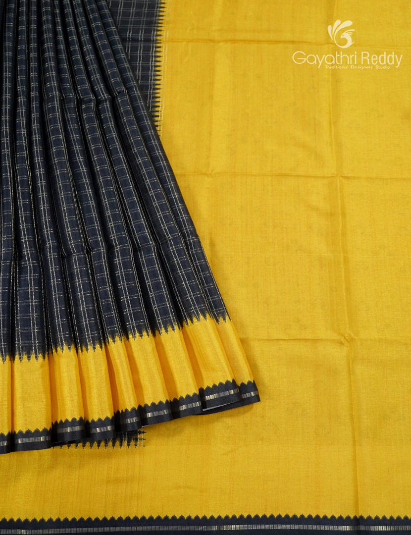 Semi Tussar Saree in Black and Yellow