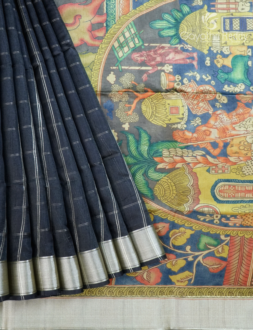 Semi Tussar Saree in Slate Black