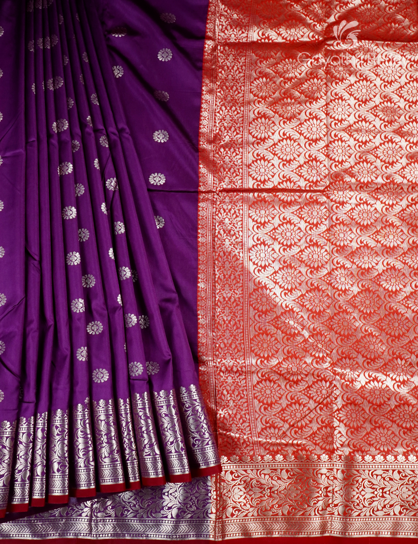Semi Banaras Katan Silk Saree in Deep Purple and Red