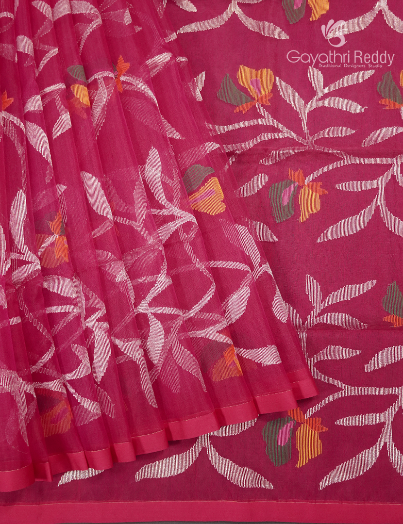 Pure Jamdani Kora Saree in Fuchsia Pink