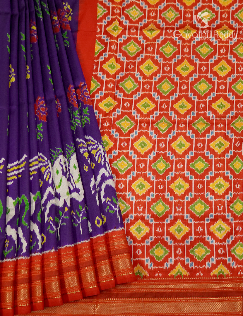 Pure Ikat Silk Saree in Deep Violet and Red