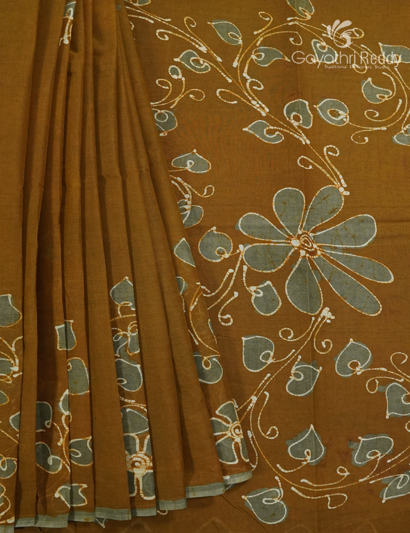 Cotton Batik Print Saree in Deep Mustard