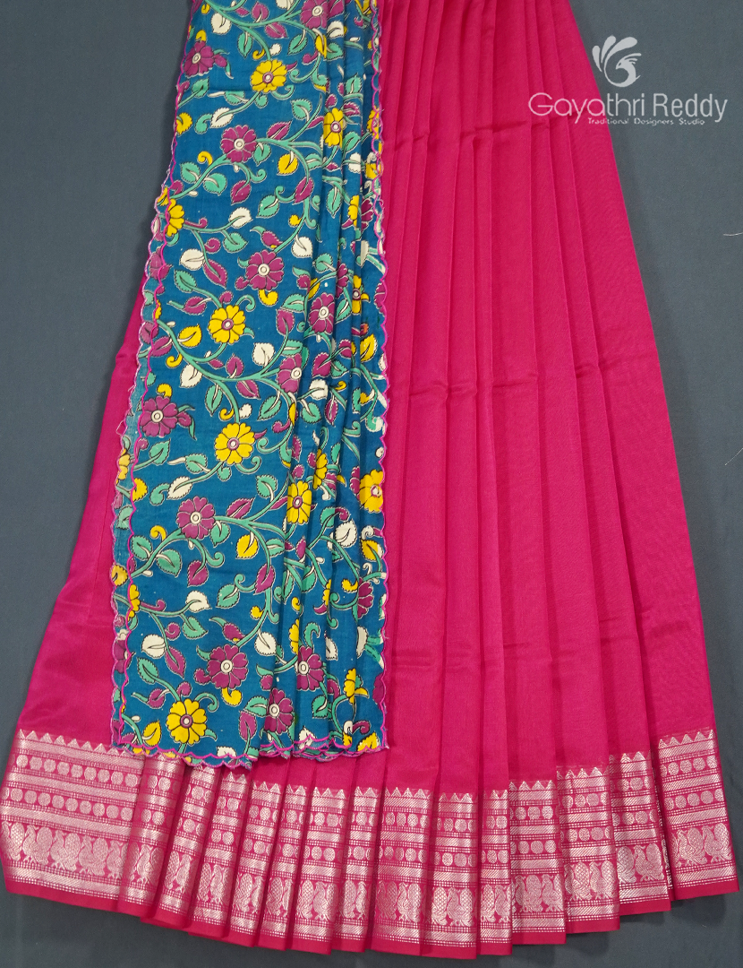 Pure Mangalagiri Langa Voni Set in Rani Pink and Peacock Blue