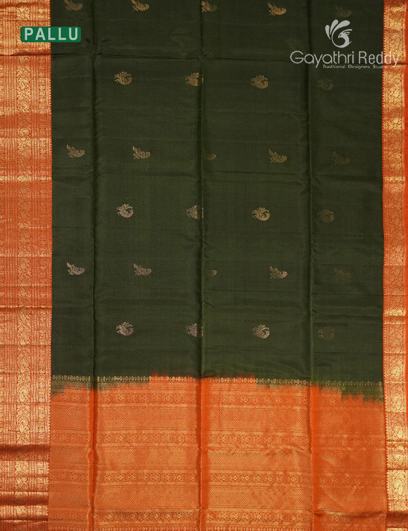 Pure Kanchipuram Soft Silk Saree in Deep Olive Green and Rust Orange