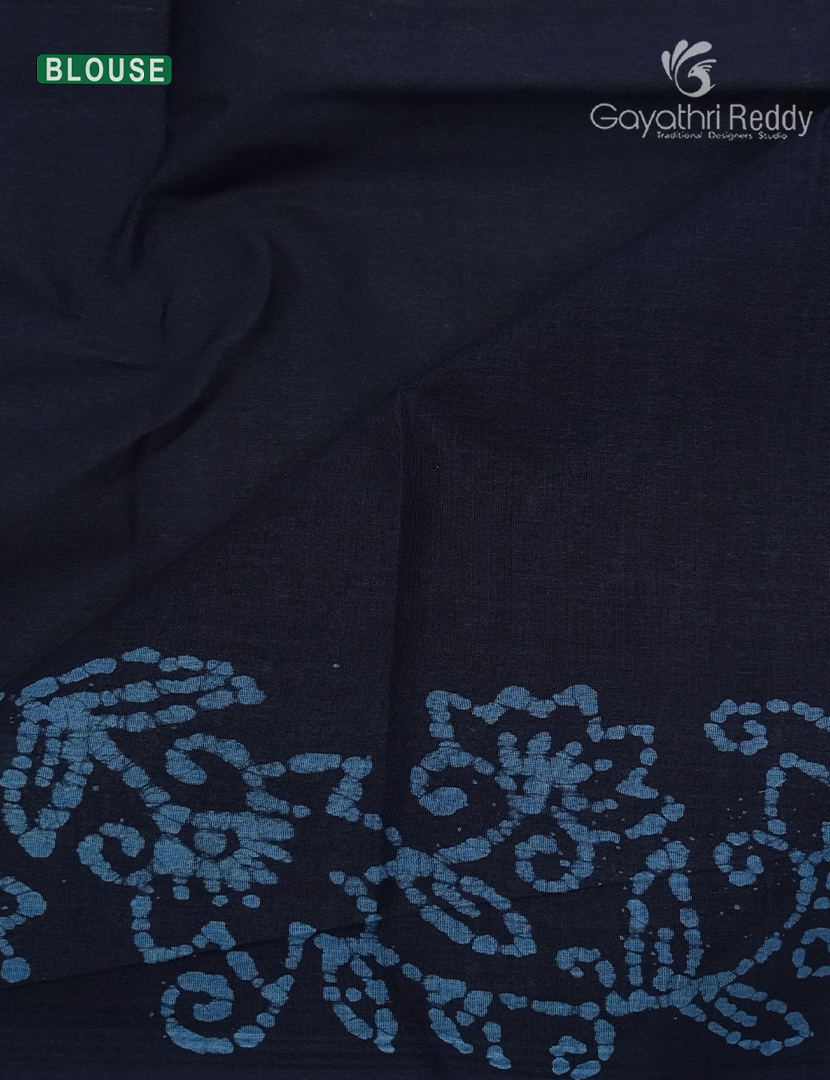 Cotton Batik Print Saree in Navy Blue and Sky Blue