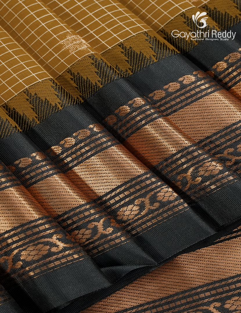 Pure Gadwal Cotton Saree in Tuberose Yellow and Deep Brown