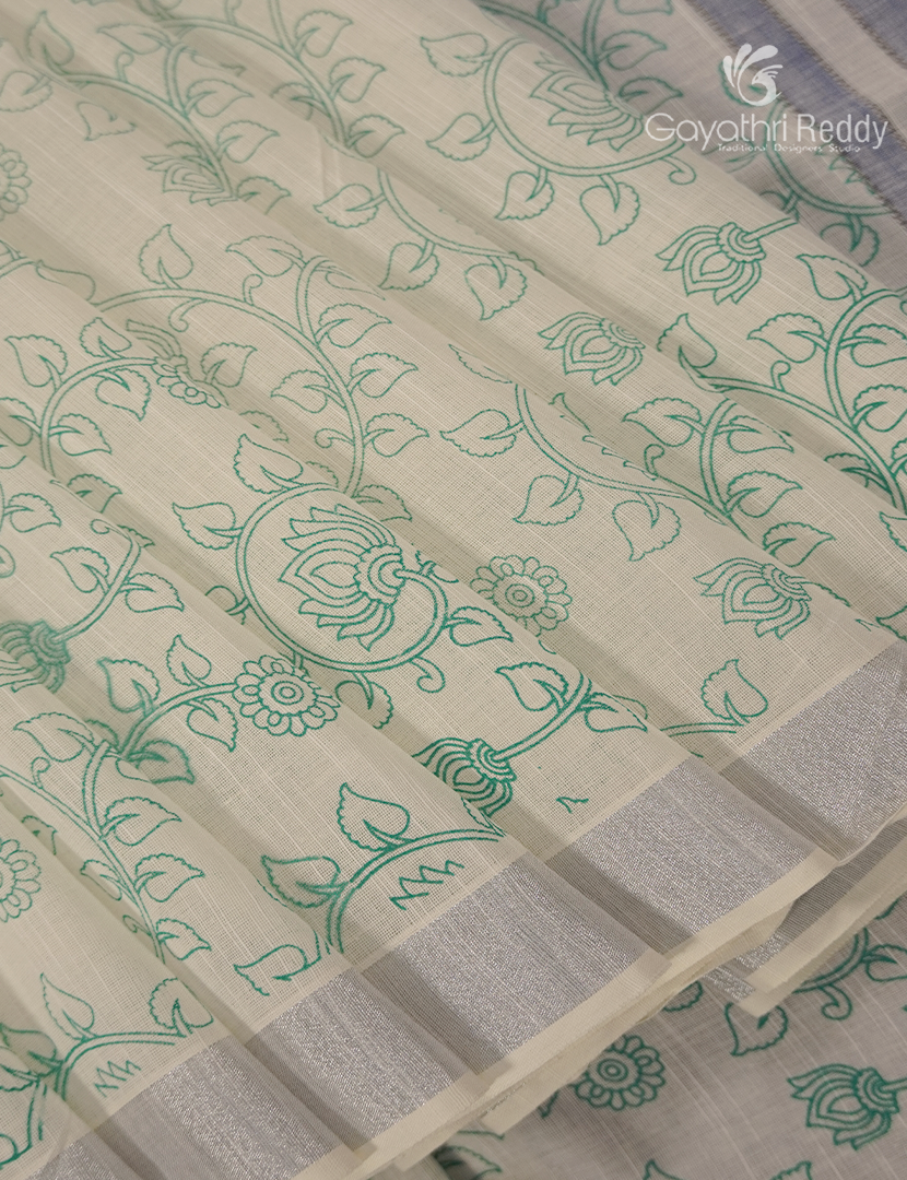 Pure Kanchi Cotton Printed Saree in Ivory and Grey