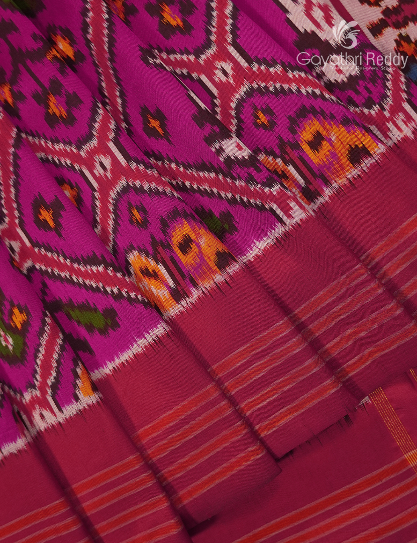 Pure Ikat Silk Saree in Purple and Rani Pink