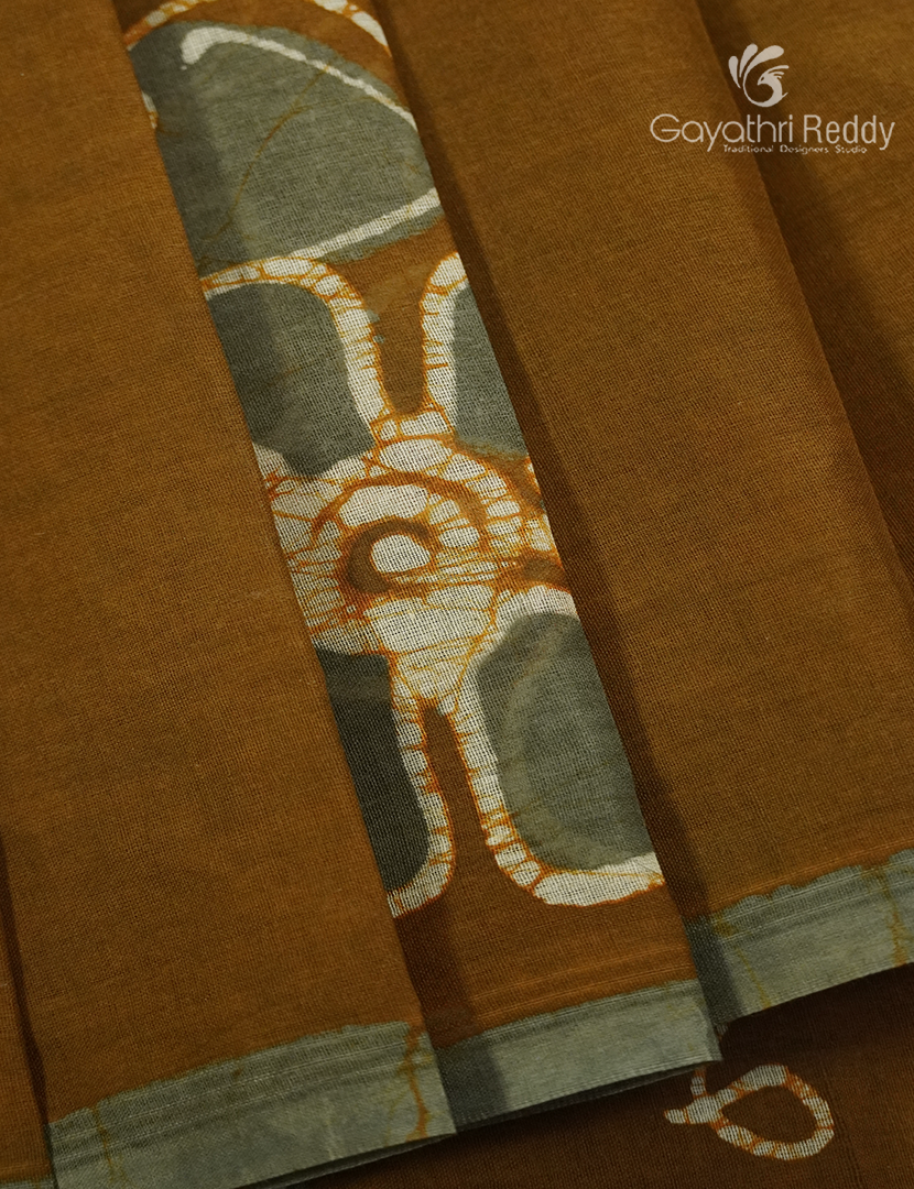 Cotton Batik Print Saree in Deep Mustard