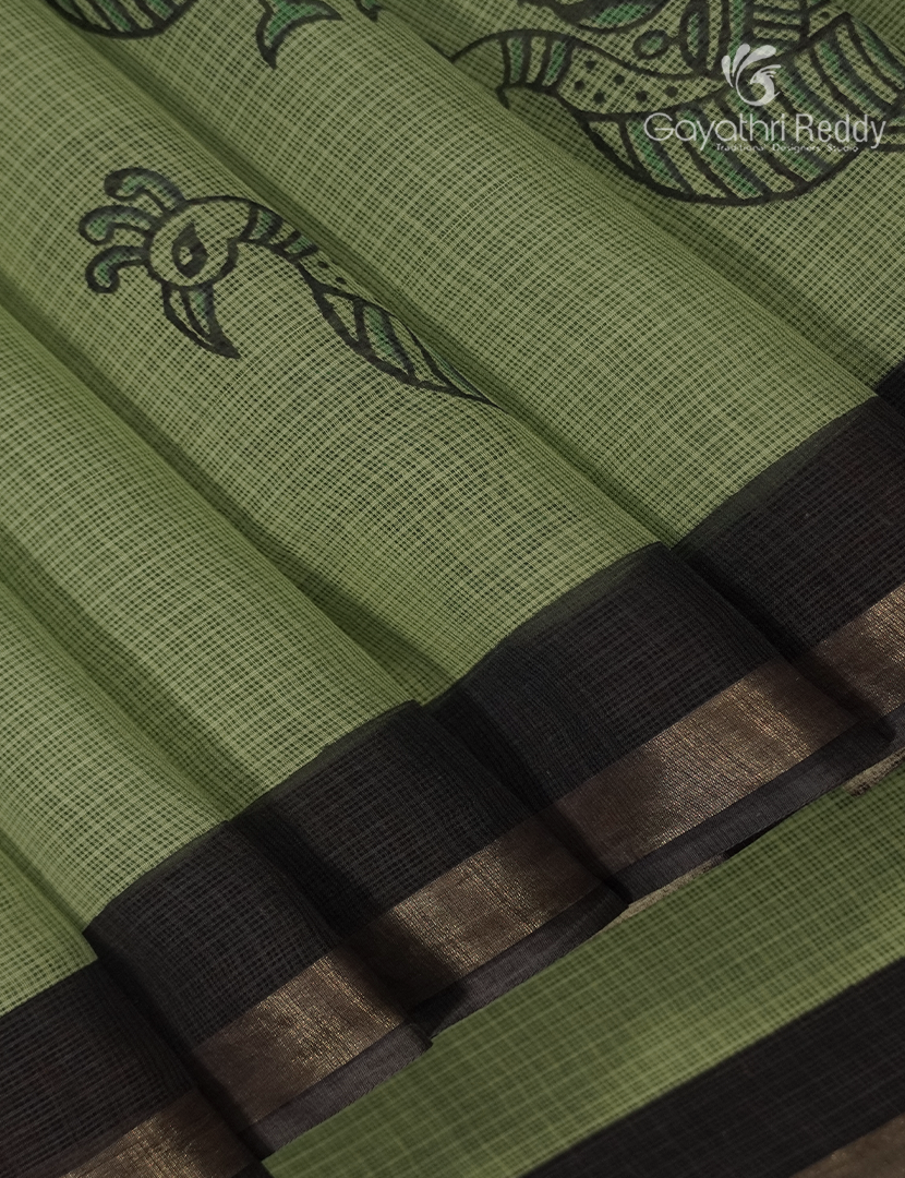 Premium Quality Cotton Kota Saree in Sage Green and Black
