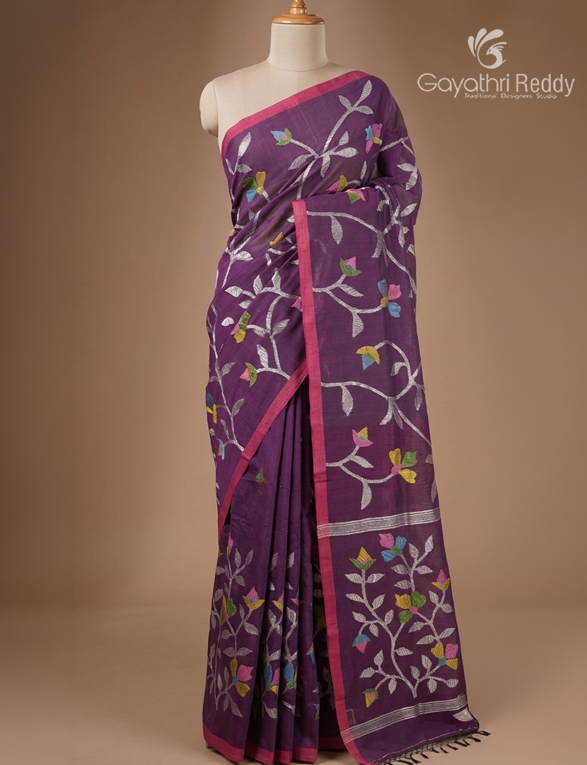 Pure Jamdani Kora Saree in Wine