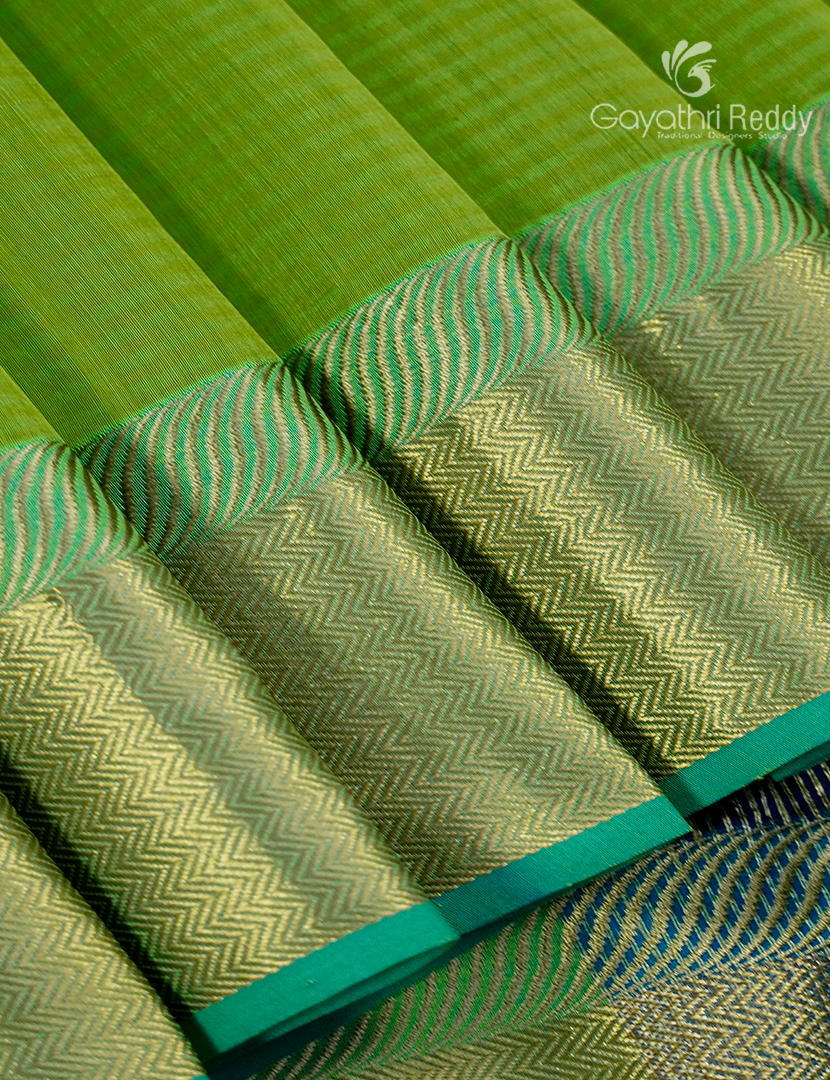 Pure Chanderi Sico Saree in Parrot Green and Navy Blue