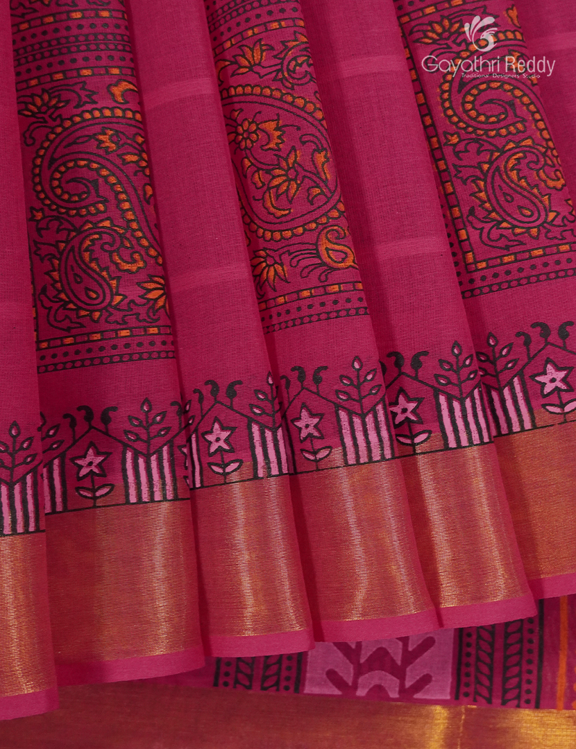 Cotton Printed Saree in Rani Pink