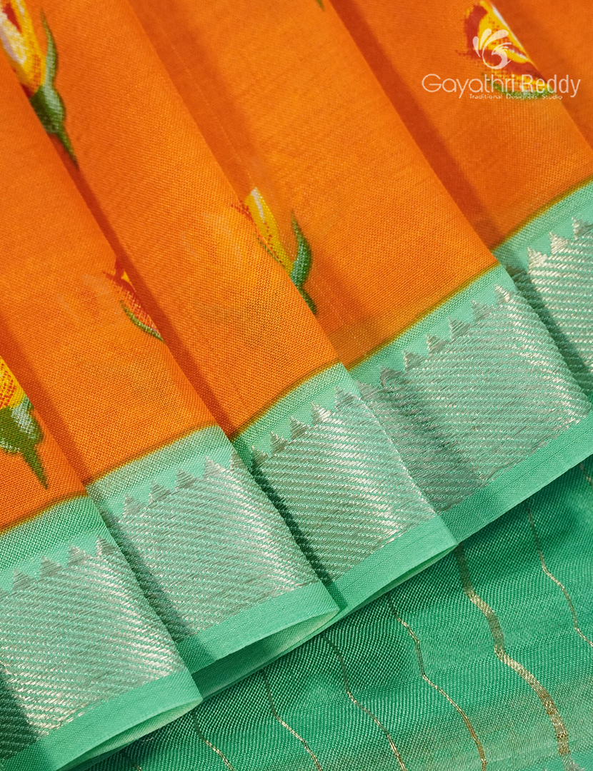 Mangalagiri Pattu Saree in Orange and Sea Foam Green