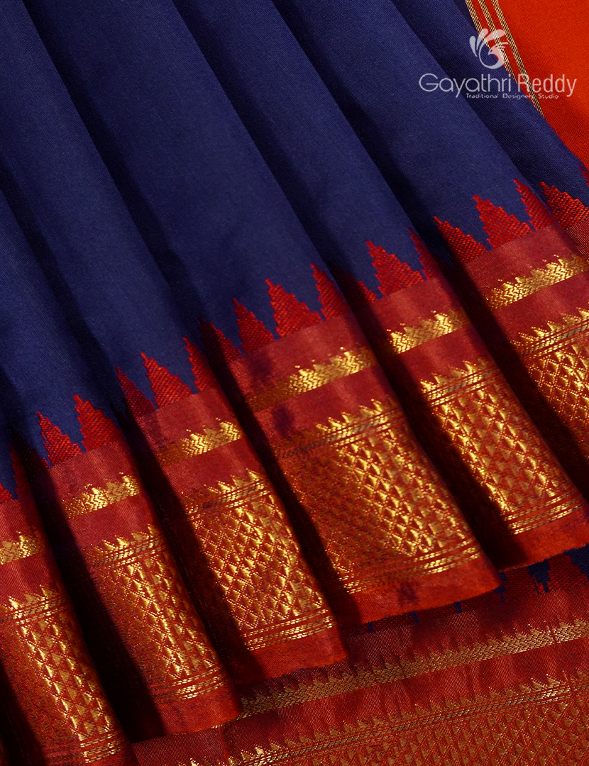 Semi Gadwal Saree in Deep Navy Blue and Red