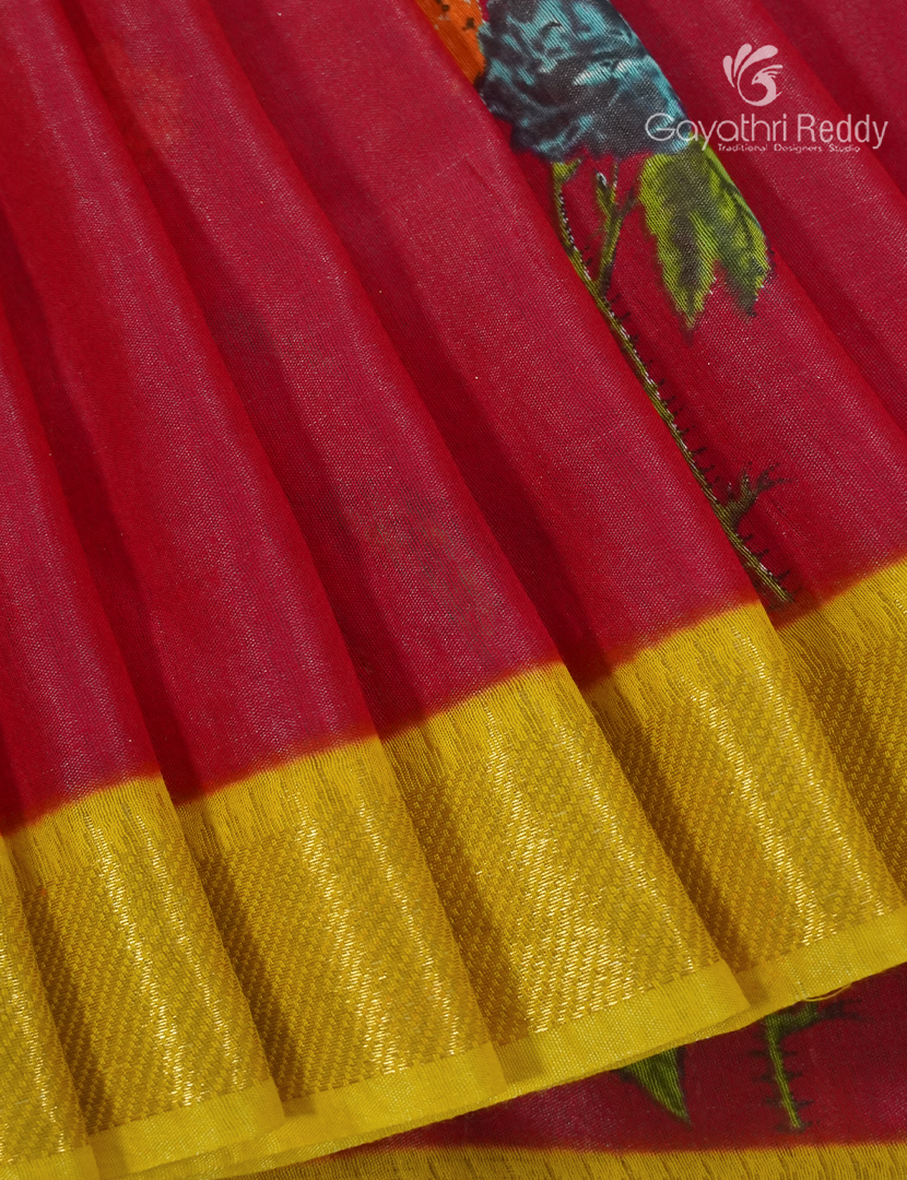 Mangalgiri Printed Saree in Parrot Green and Rani Pink