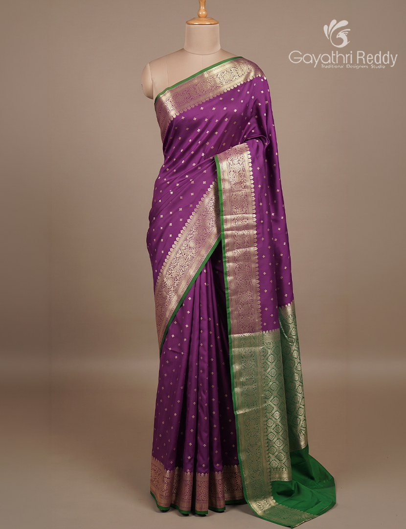 Semi Banaras Katan Silk Saree in Deep Violet and Parrot Green