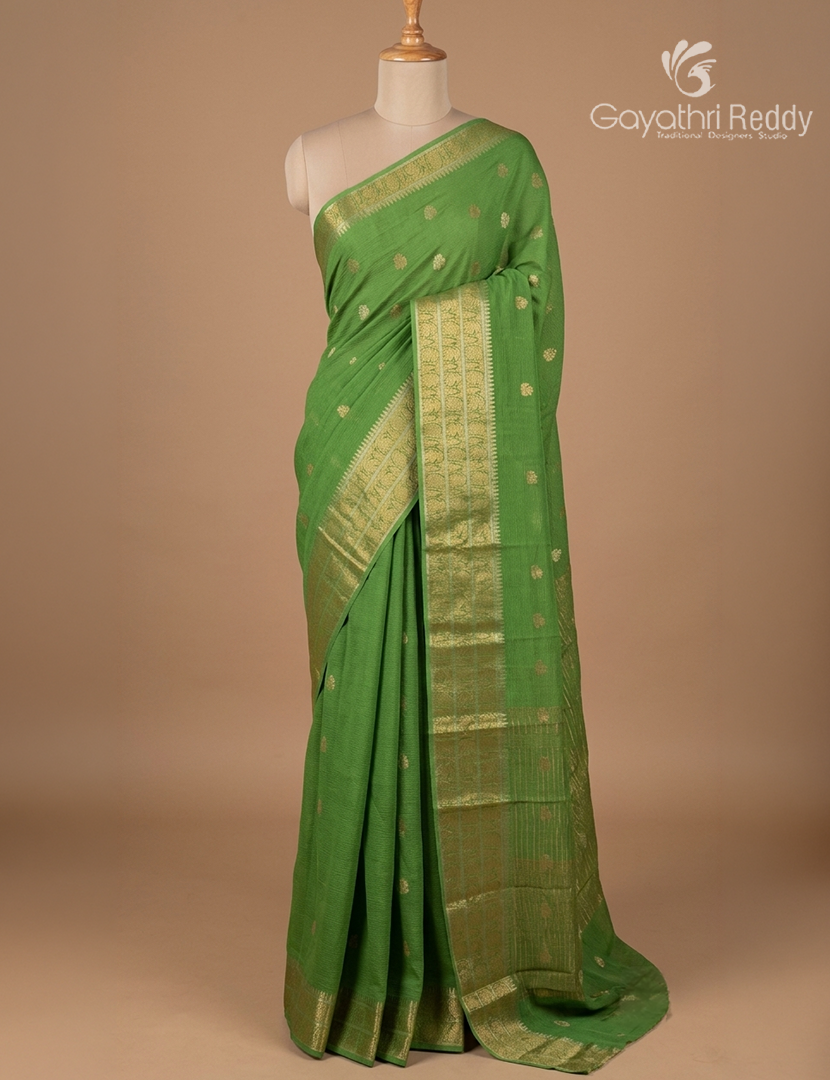 Semi Mysore Crepe Saree in Parrot Green