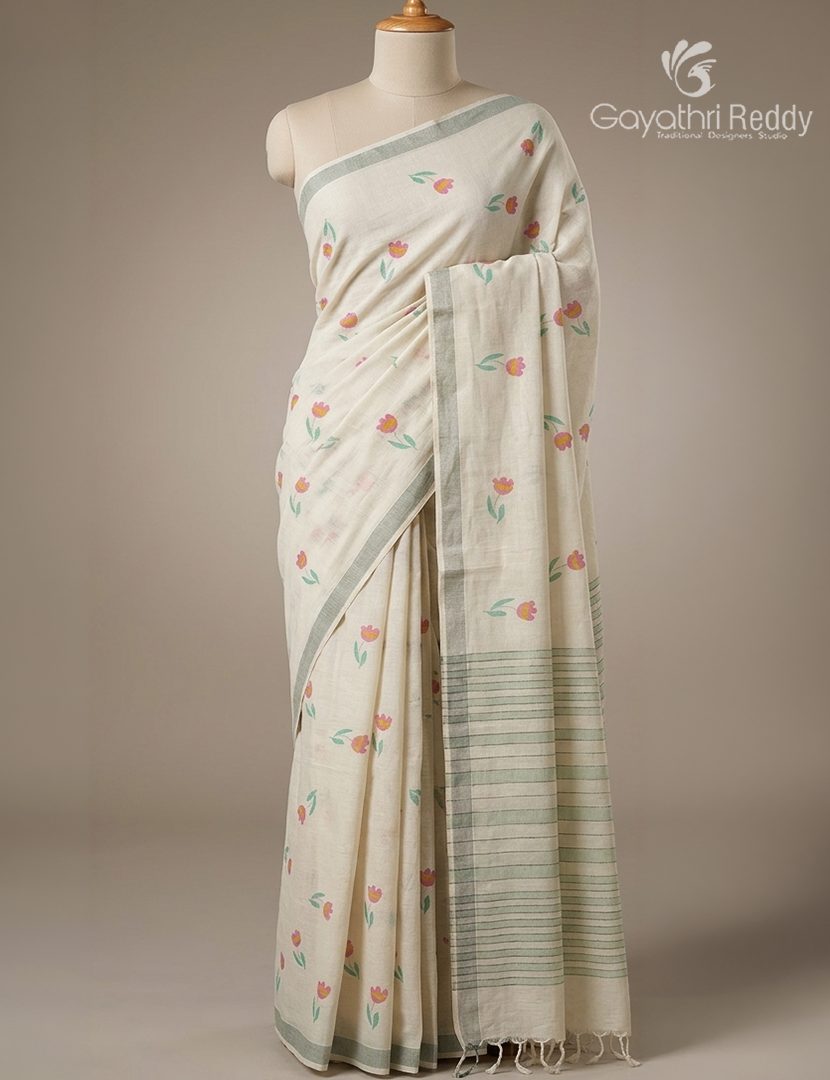 Pure Kanchi Cotton Printed Saree in Ivory and Pista Green