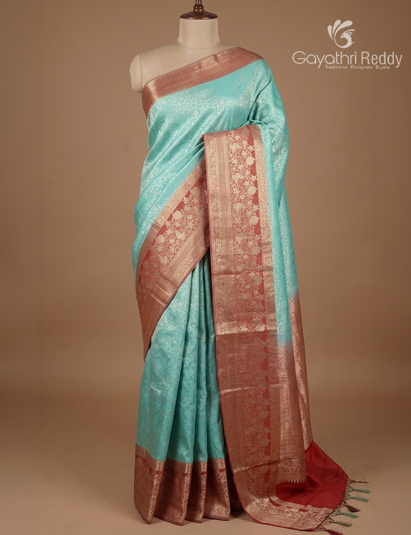 Pure Kanchipuram Bridal Silk Saree in Sea Blue and Red