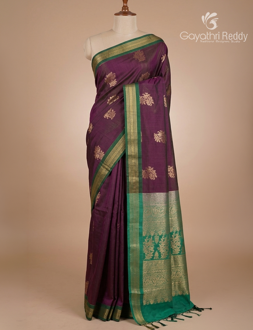 Kanchipuram Sico Saree in Deep Burgundy and Sea Green