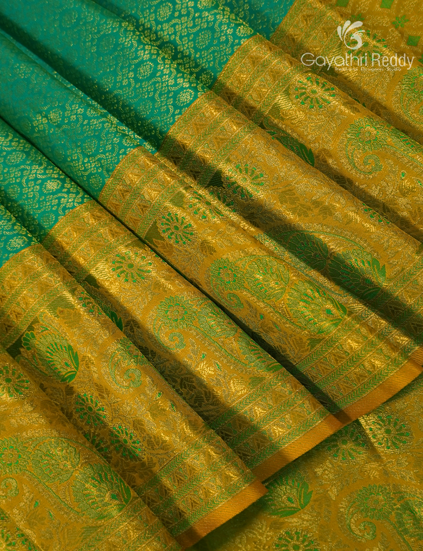 Pure Kanchipuram Bridal Silk Saree in Sea Green and Golden Yellow ( Brocade )