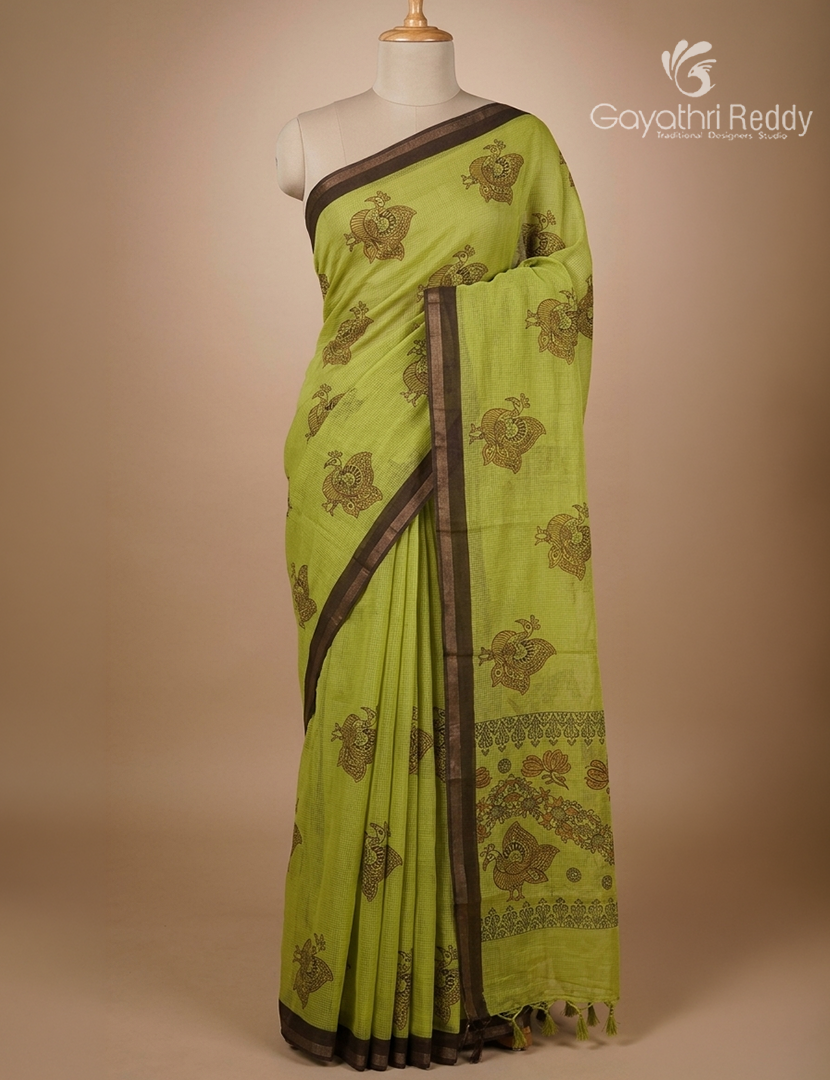 Premium Quality Cotton Kota Saree in Leaf Green and Black