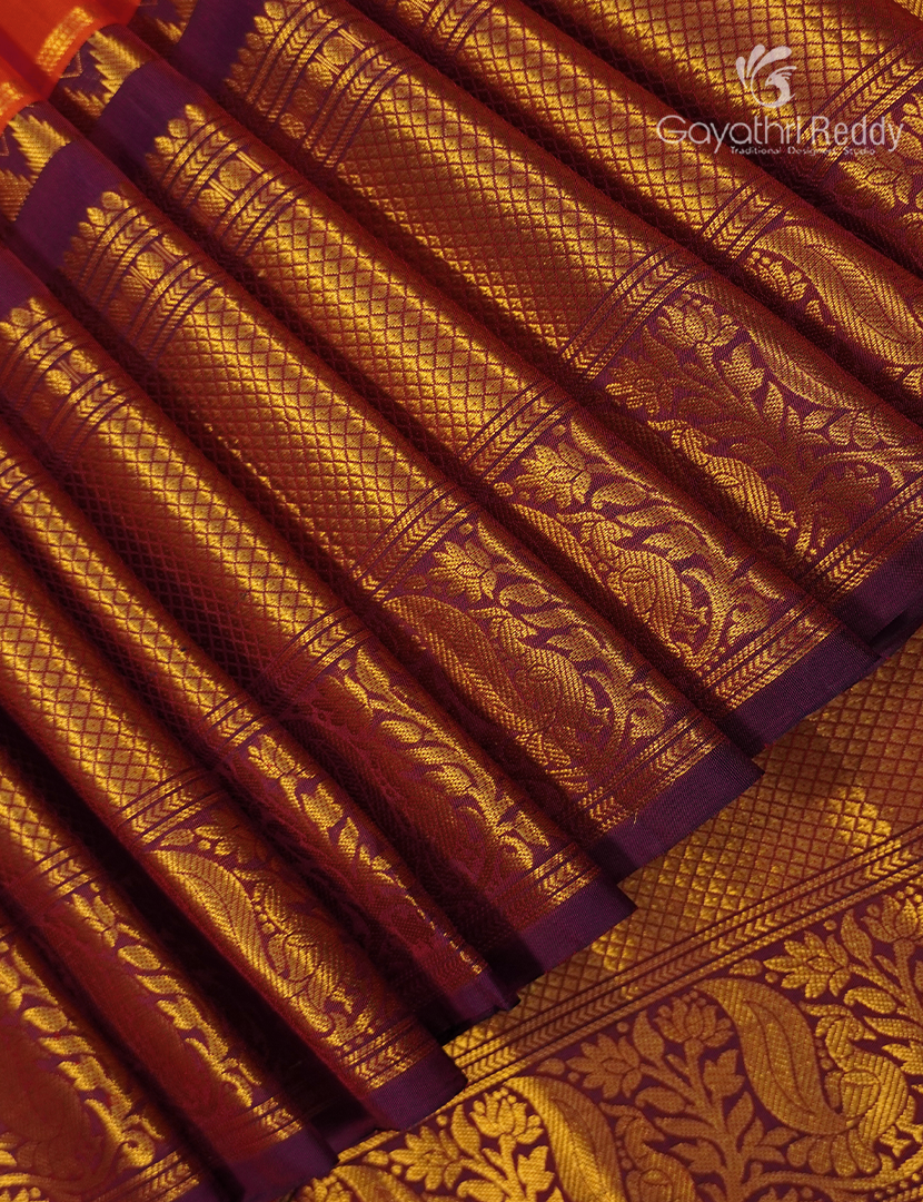 Pure Gadwal Silk Saree in Burnt Orange and Brown