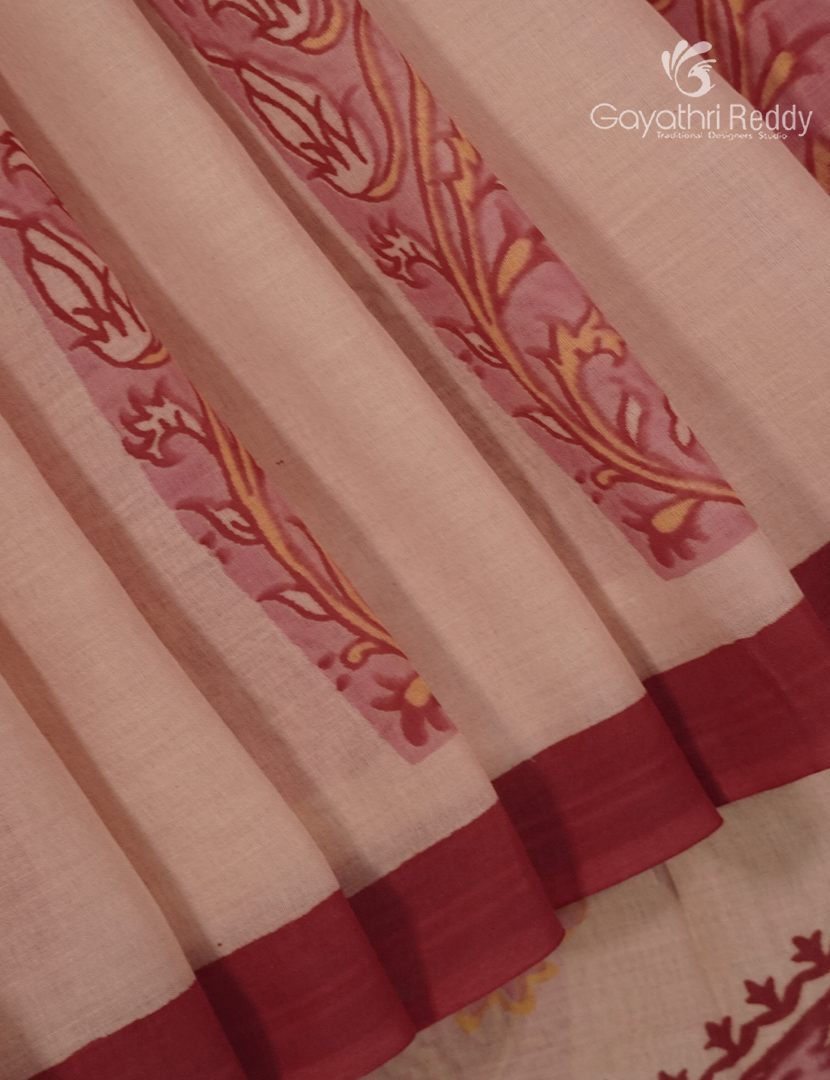 Pure MulMul Cotton Saree in Beige and Deep Rust