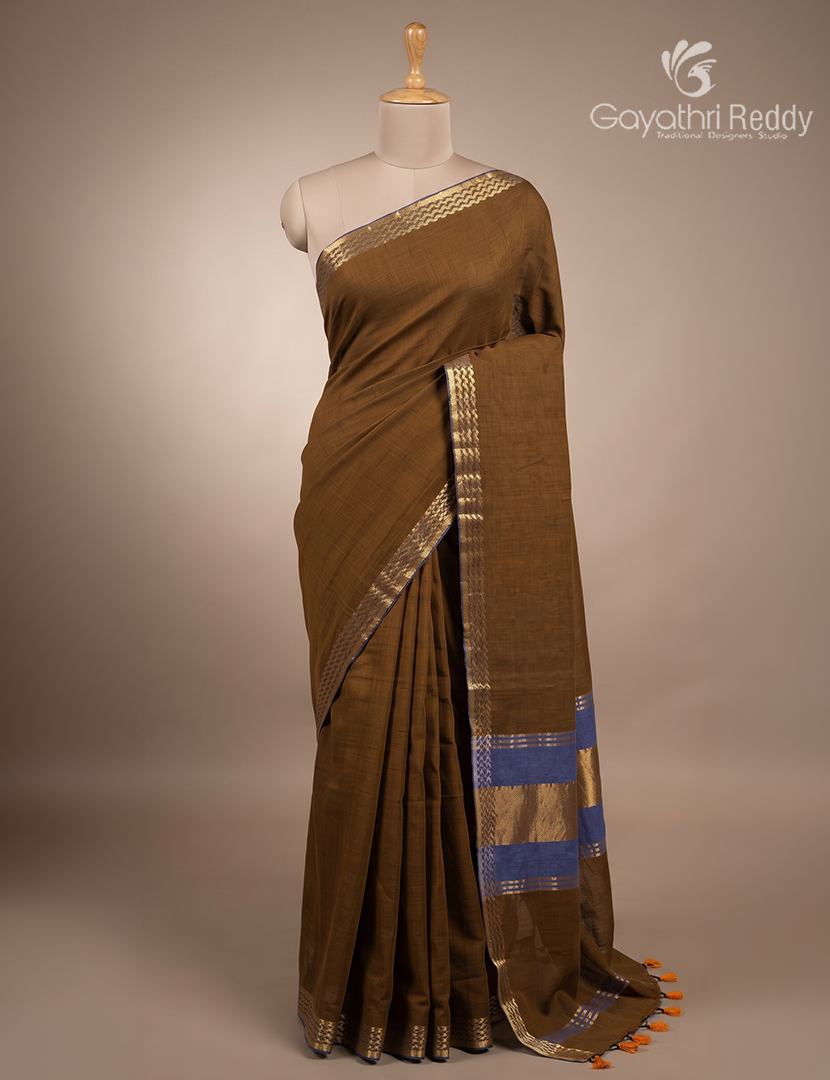 Jamdani Cotton Saree in Dry Mehendi and Denim Blue