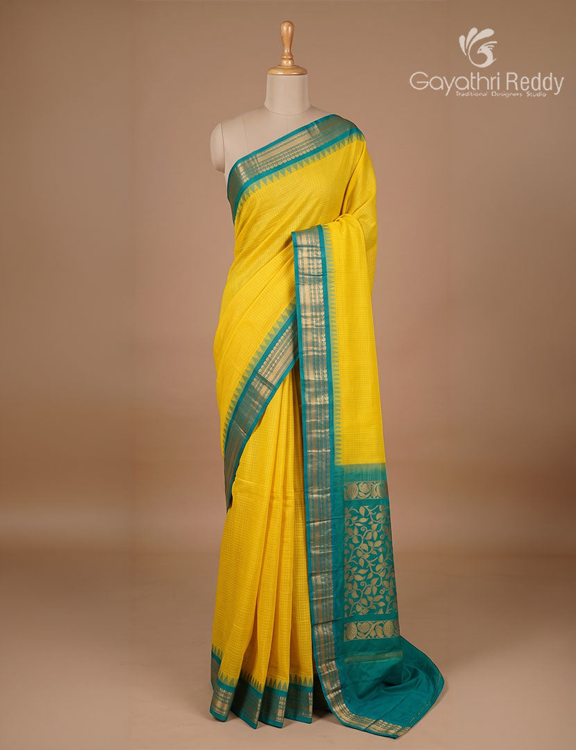 Pure Gadwal Cotton Saree in Sunflower Yellow and Deep Rama Green