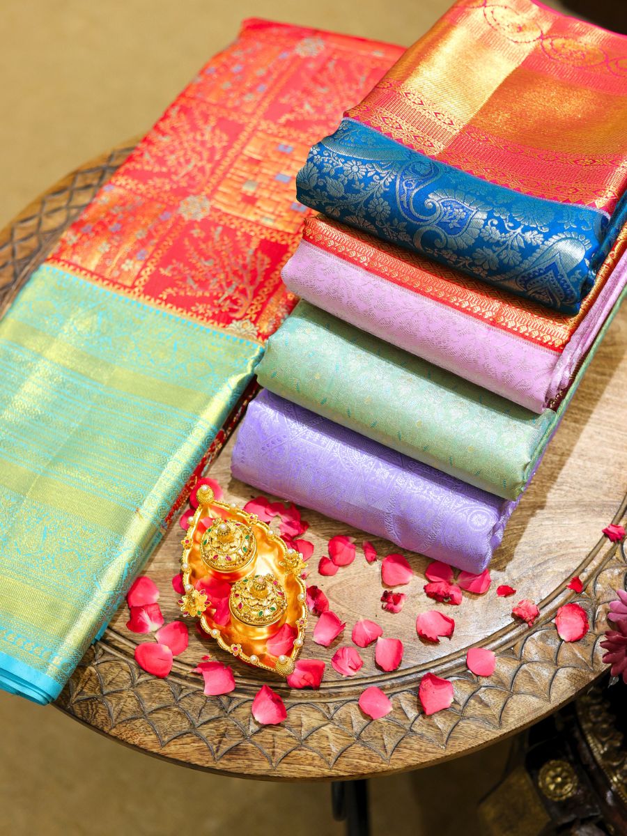 Handcrafted sustainable bridal saree made with natural dyes from Gayathri Reddy's exclusive collection.