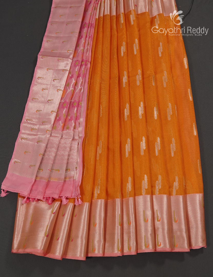 Banaras Kota Lehanga Set in Orange and Baby Pink