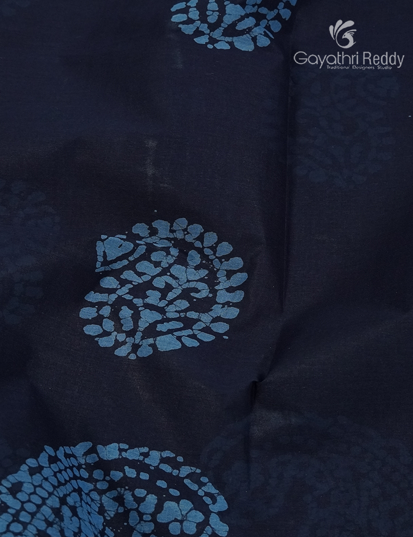 Cotton Batik Print Saree in Navy Blue and Sky Blue