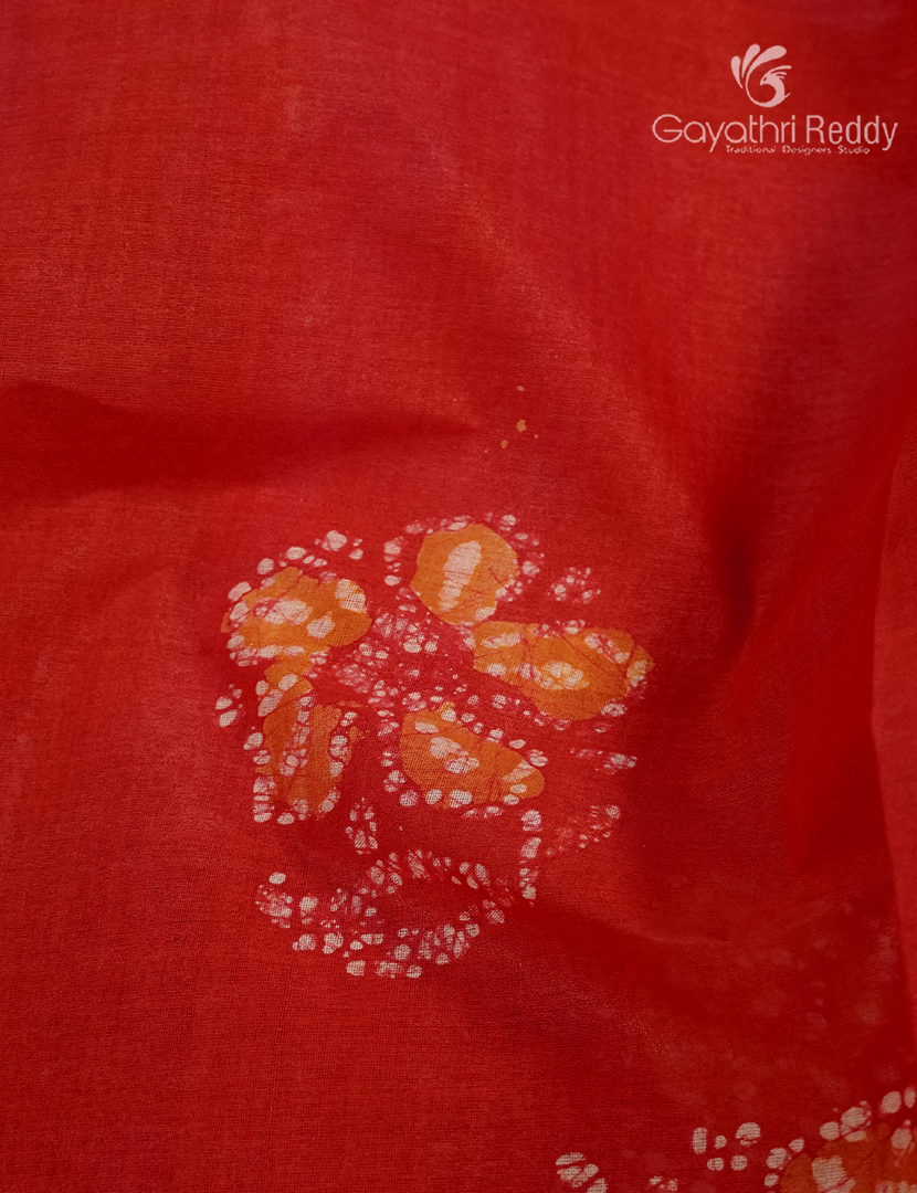 Cotton Batik Print Saree in Vermillion Orange