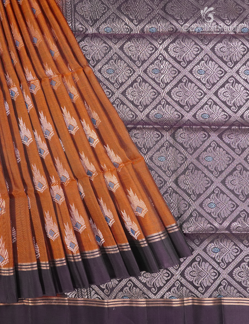 Light weight Kanchipuram Silk Saree in Burnt Orange and Deep Snuff