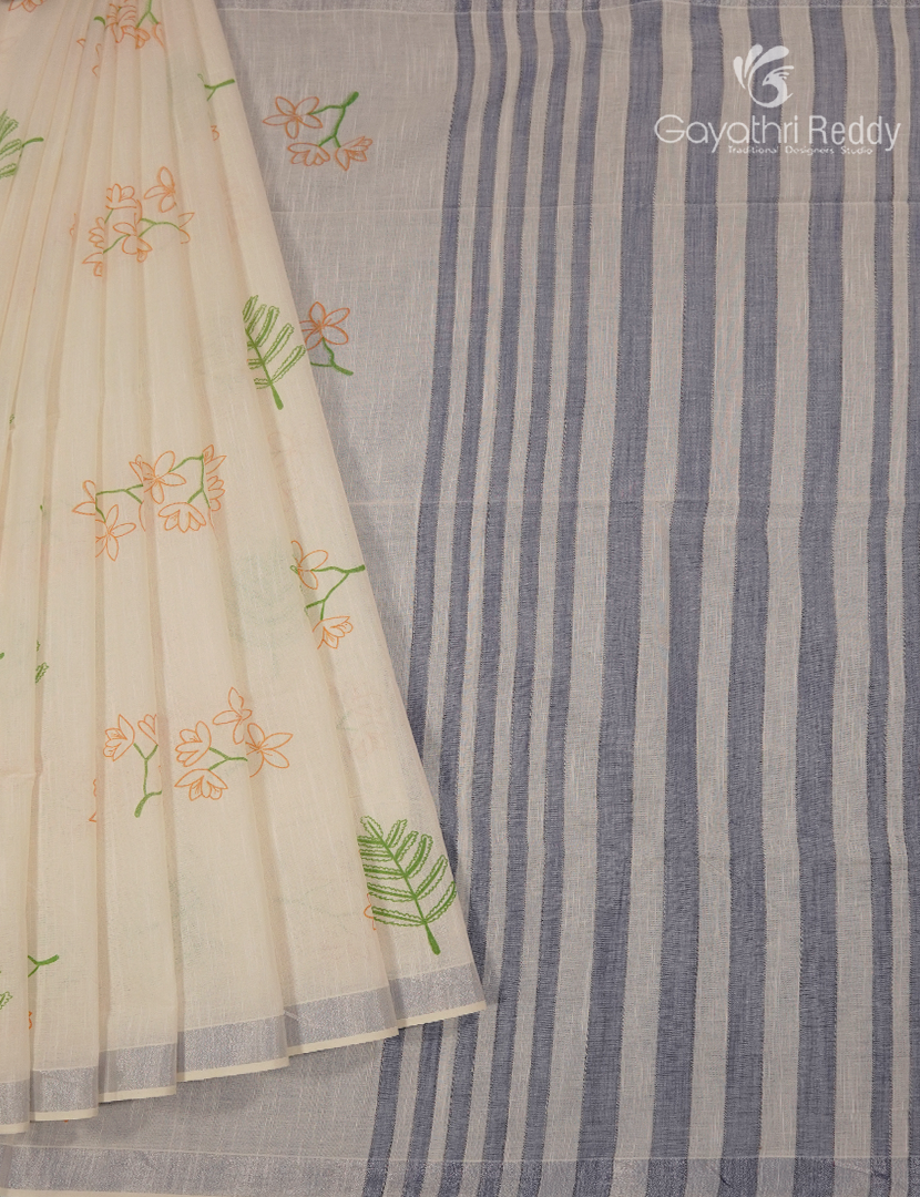 Pure Kanchi Cotton Printed Saree in Ivory and Grey