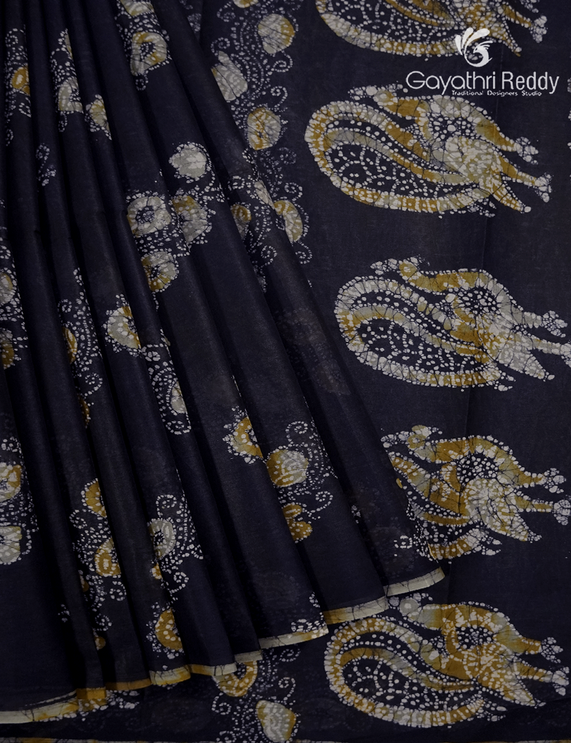 Cotton Batik Print Saree in Deep Navy Blue