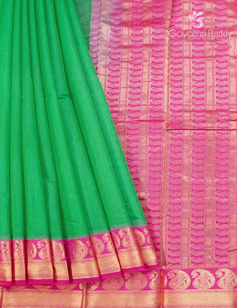 Pure Kanchi Sico Saree in Parrot Green and Lotus Pink