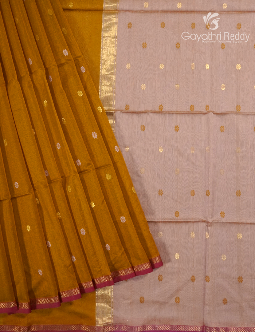 Pure Chanderi Sico Saree in Deep Mustard and Powder Pink