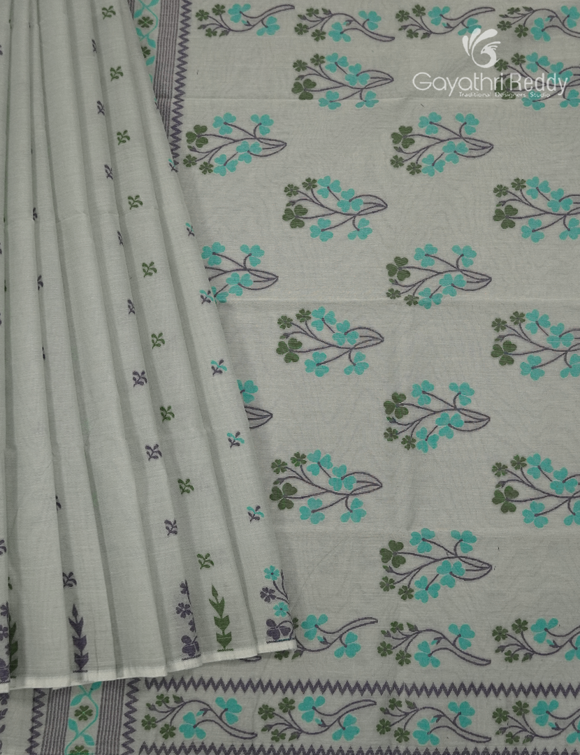 Jamdani Cotton Saree in Olive Grey