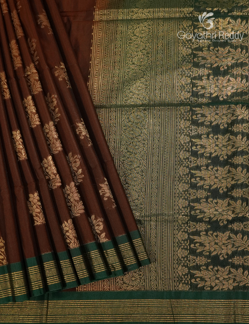 Kanchipuram Sico Saree in Brown and Bottle Green