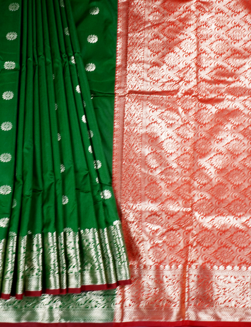 Semi Banaras Katan Silk Saree in Bottle Green and Red