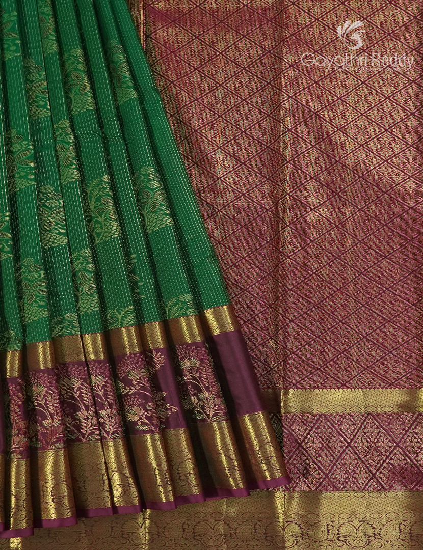 Semi Kanchipuram Silk Saree in Mango Green   and Deep Brown