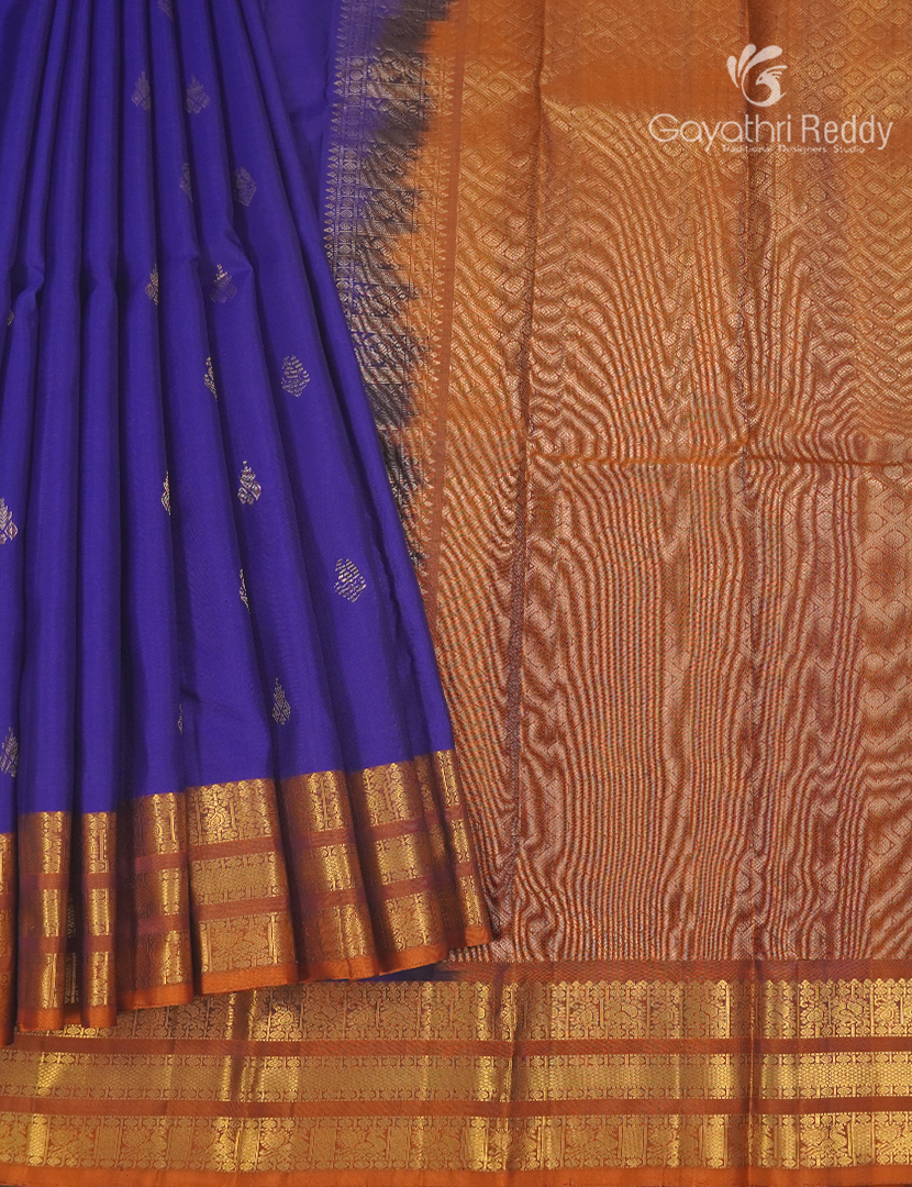 Pure Kanchipuram Silk Saree in Blue and Mustard