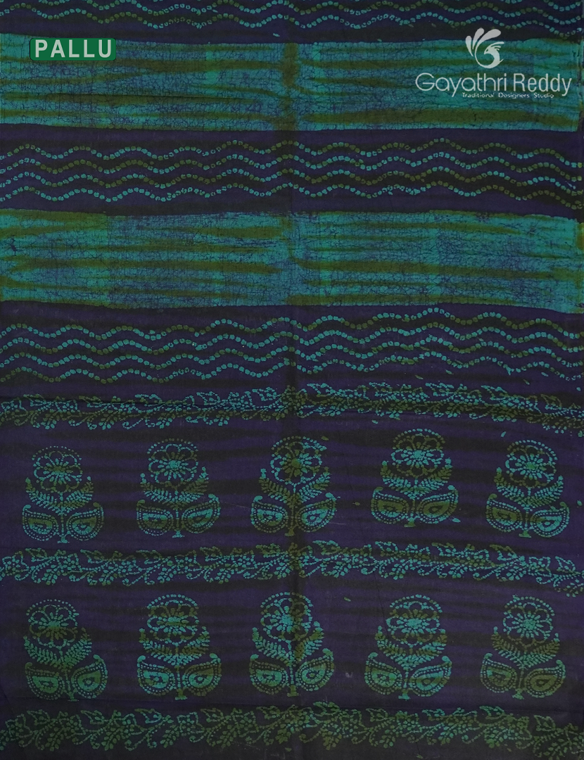 Cotton Batik Print Saree in Navy Blue and Sea Green