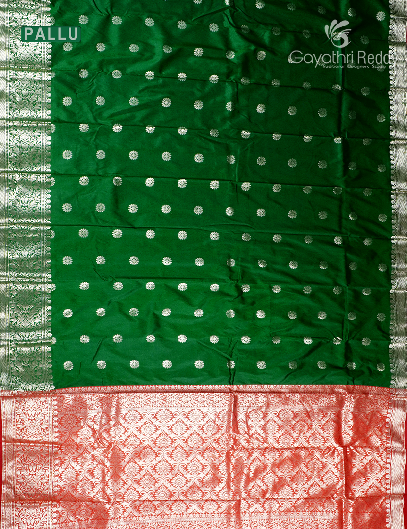 Semi Banaras Katan Silk Saree in Bottle Green and Red